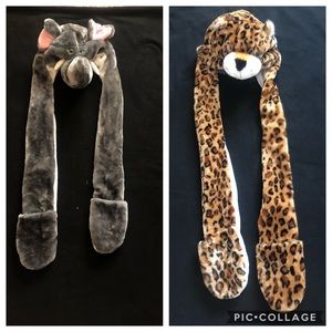 Two character hats with attaching scarf/mitten